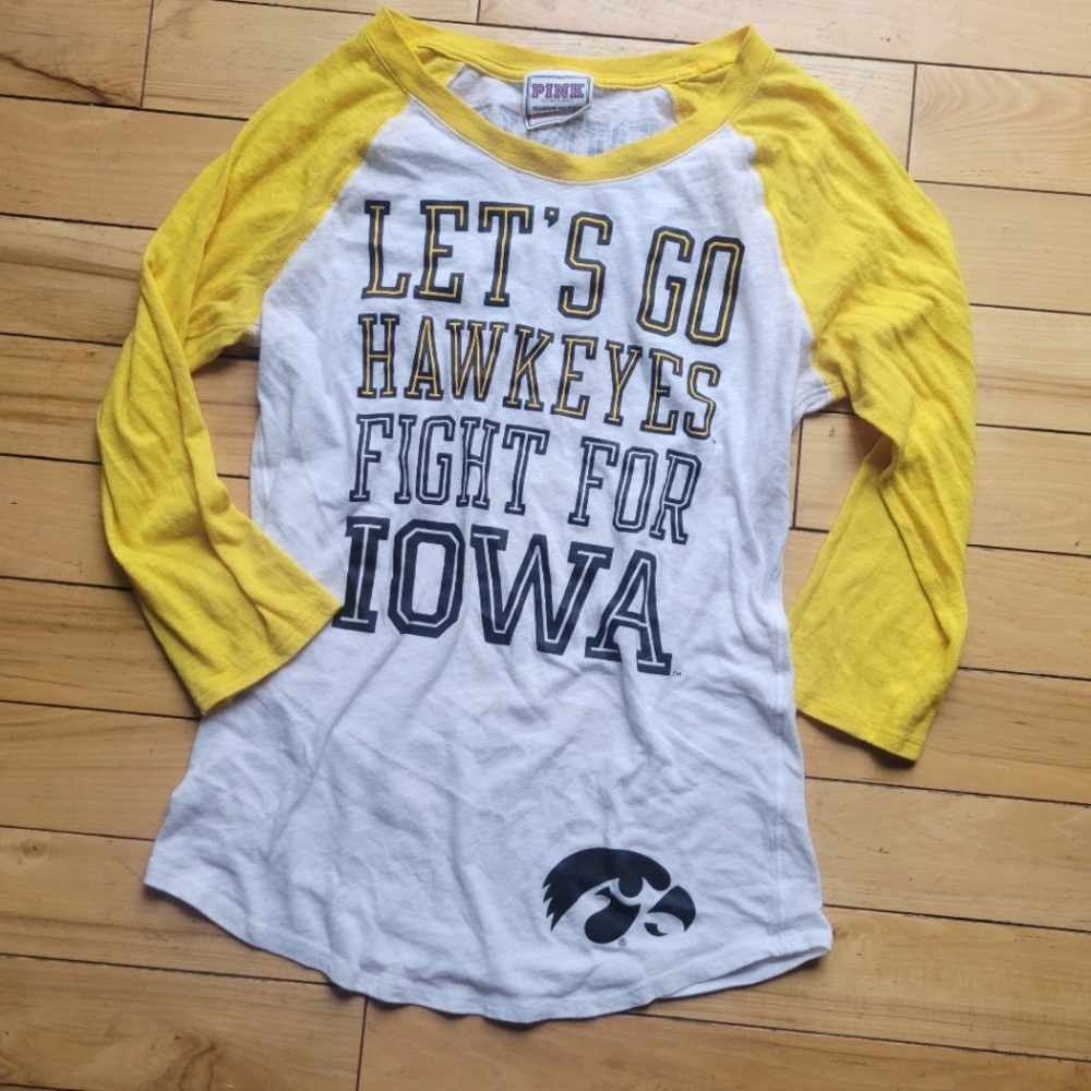 Iowa Hawkeyes PINK Tee Longer 3/4 Sleeve Ringer Tunic M Victoria's Secret